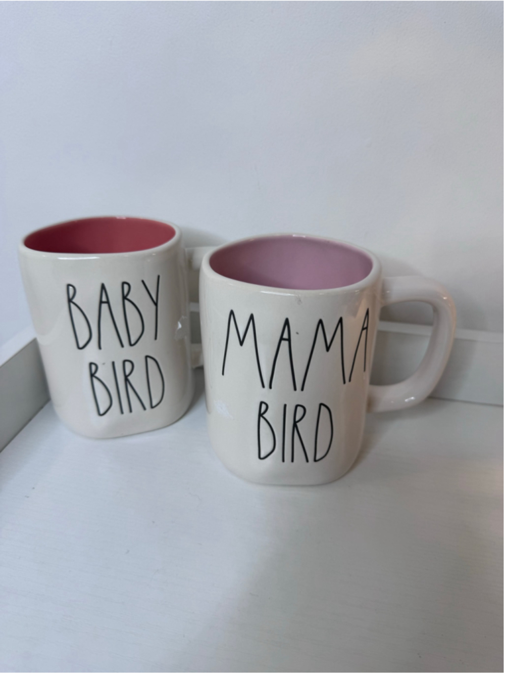 Rae Dunn Mama Bird and Baby Bird Mug Set, White and Pink